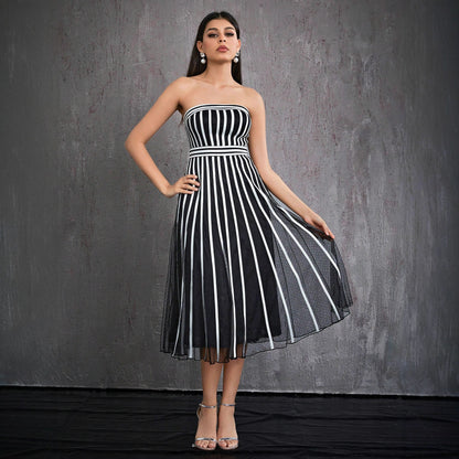 vertical stripe strapless midi dress in black