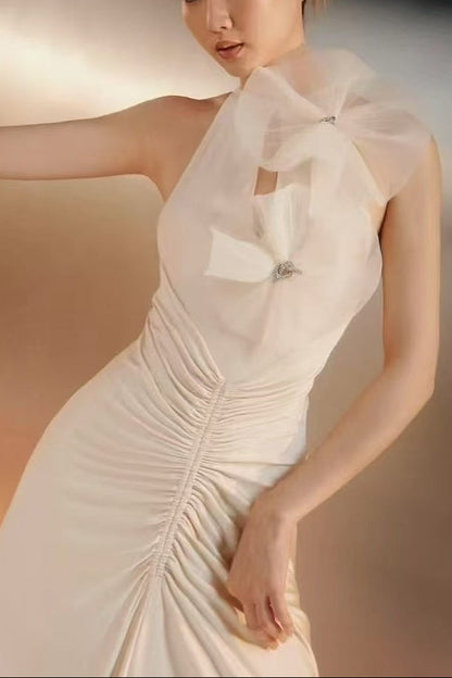 nicola Flower bow pleated bodycon maxi dress in white