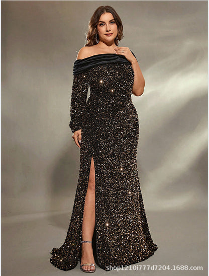 single sleeve strapless sequin embellished maxi dress in black