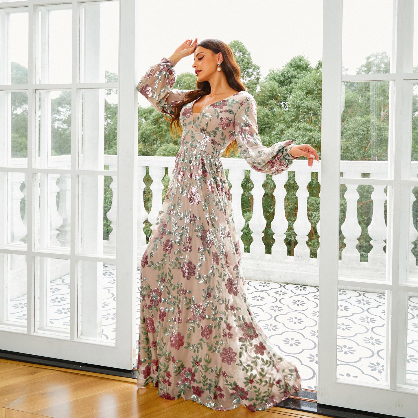 v neck sequin floral print puff sleeve maxi dress