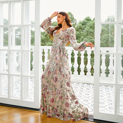 v neck sequin floral print puff sleeve maxi dress