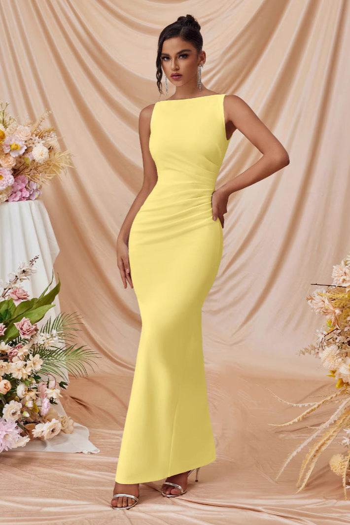 pleated Sleeveless solid color slit slim maxi dress