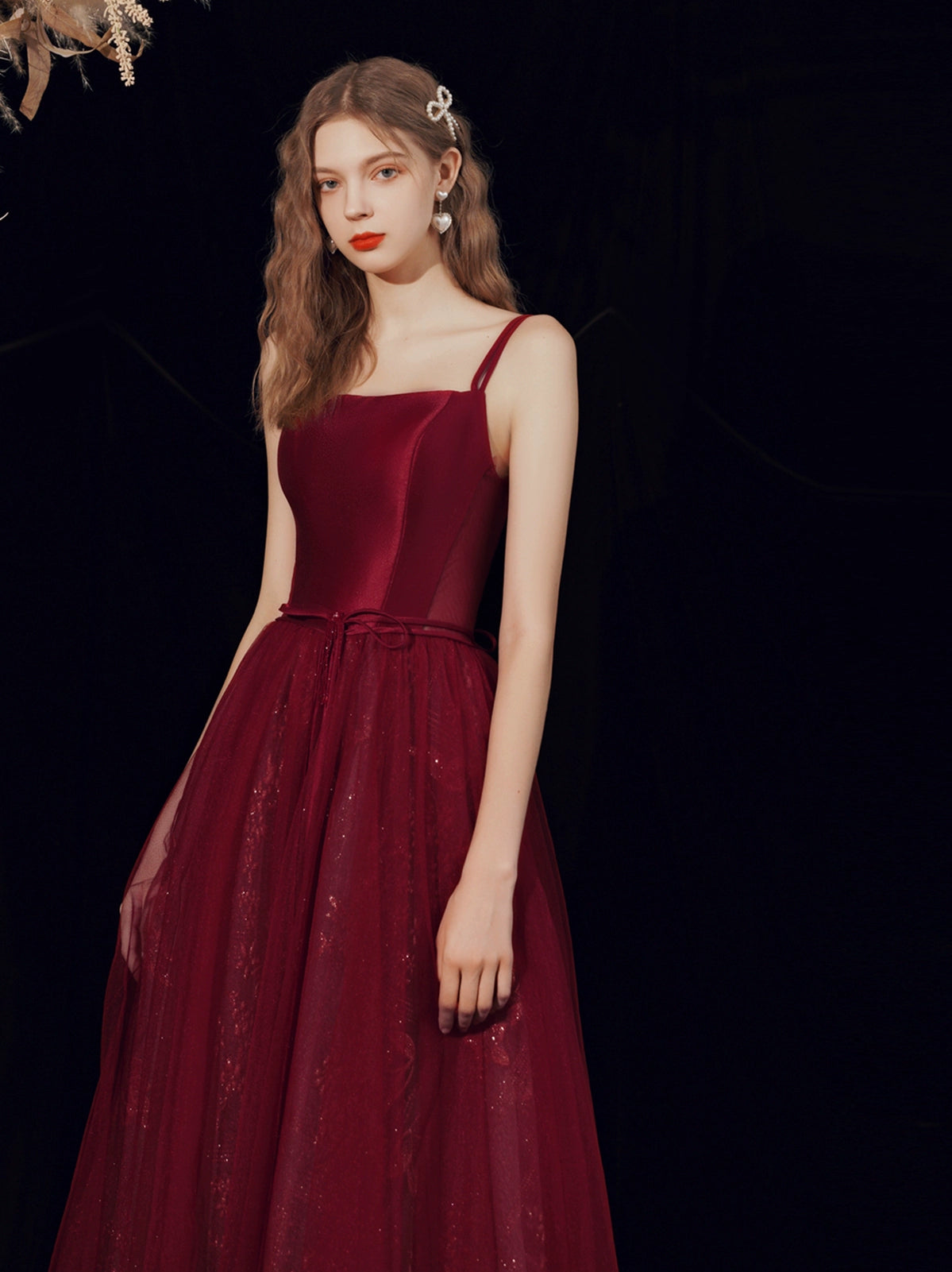 tara satin maxi dress in burgundy