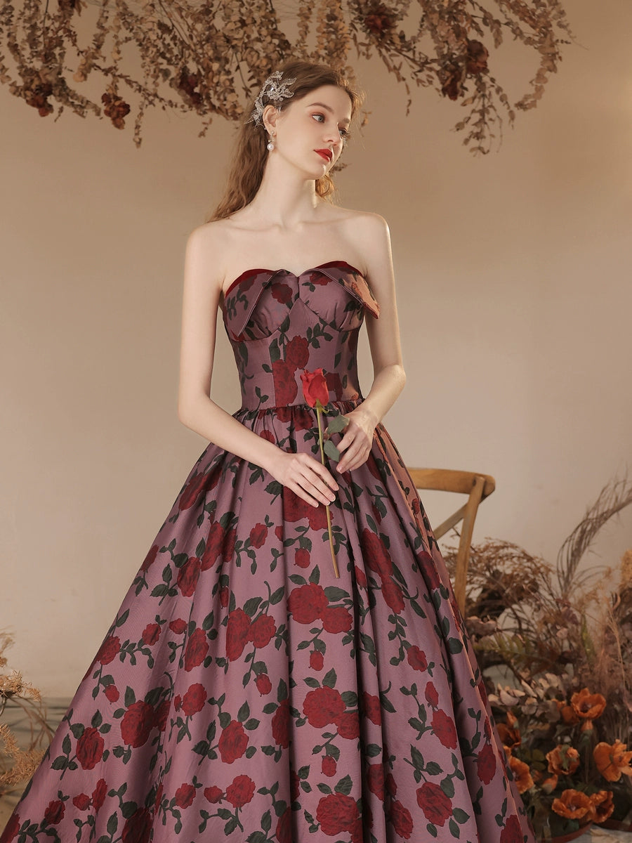 rose floral print strapless maxi dress in claret