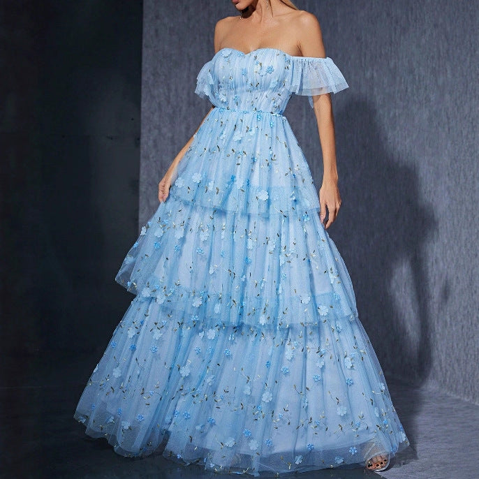 mandy floral applique layer maxi dress in blue