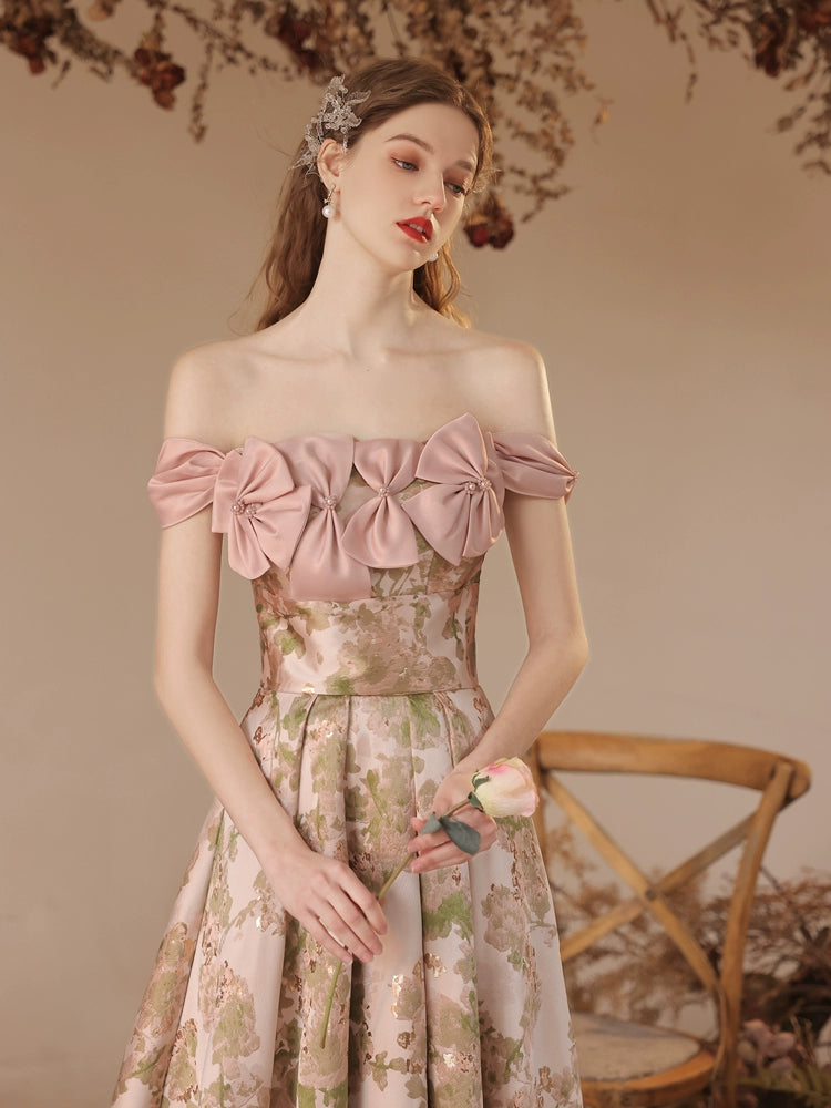 off-shoulder floral print bow satin maxi dress in pink