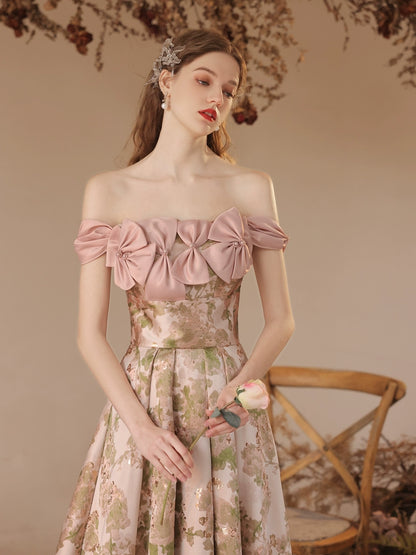 off-shoulder floral print bow satin maxi dress in pink