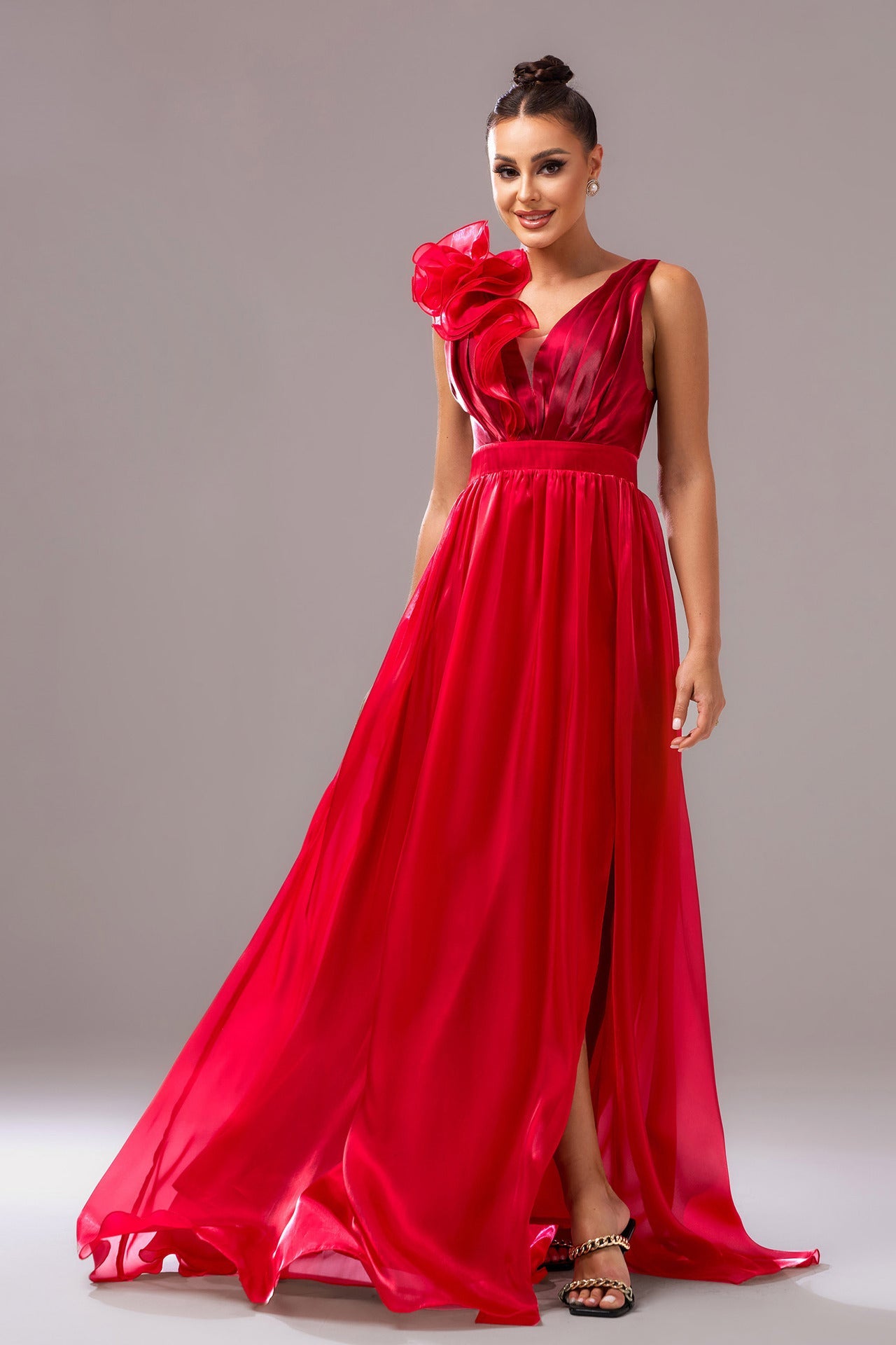 Sleeveless V-neck floral hip-hugging slit dress - red