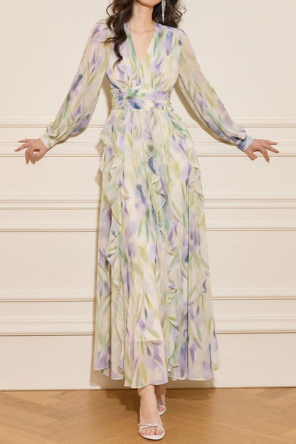 rachel multicolor v-neck floral print lantern sleeve maxi dress