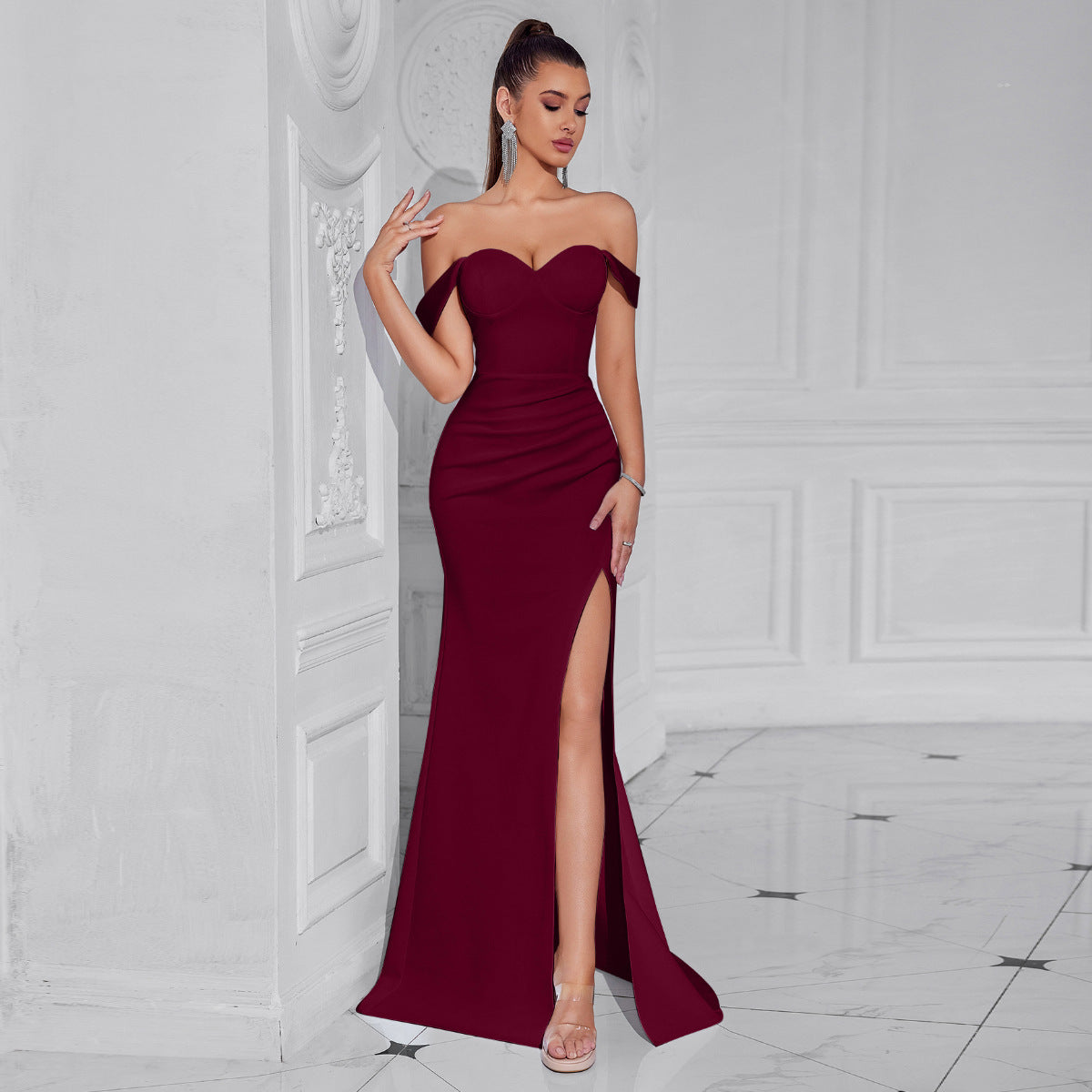 claire high slit backless bodycon maxi dress in white