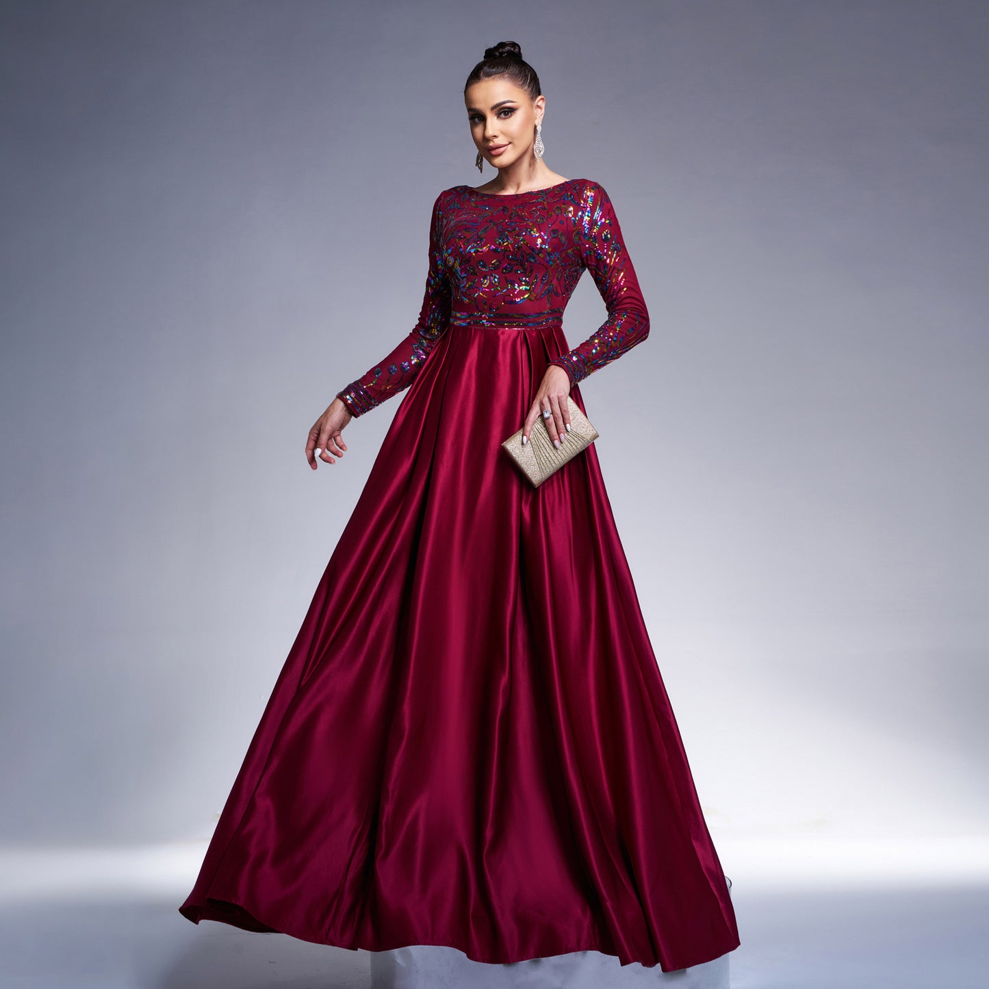 sequin print long sleeve satin maxi dress