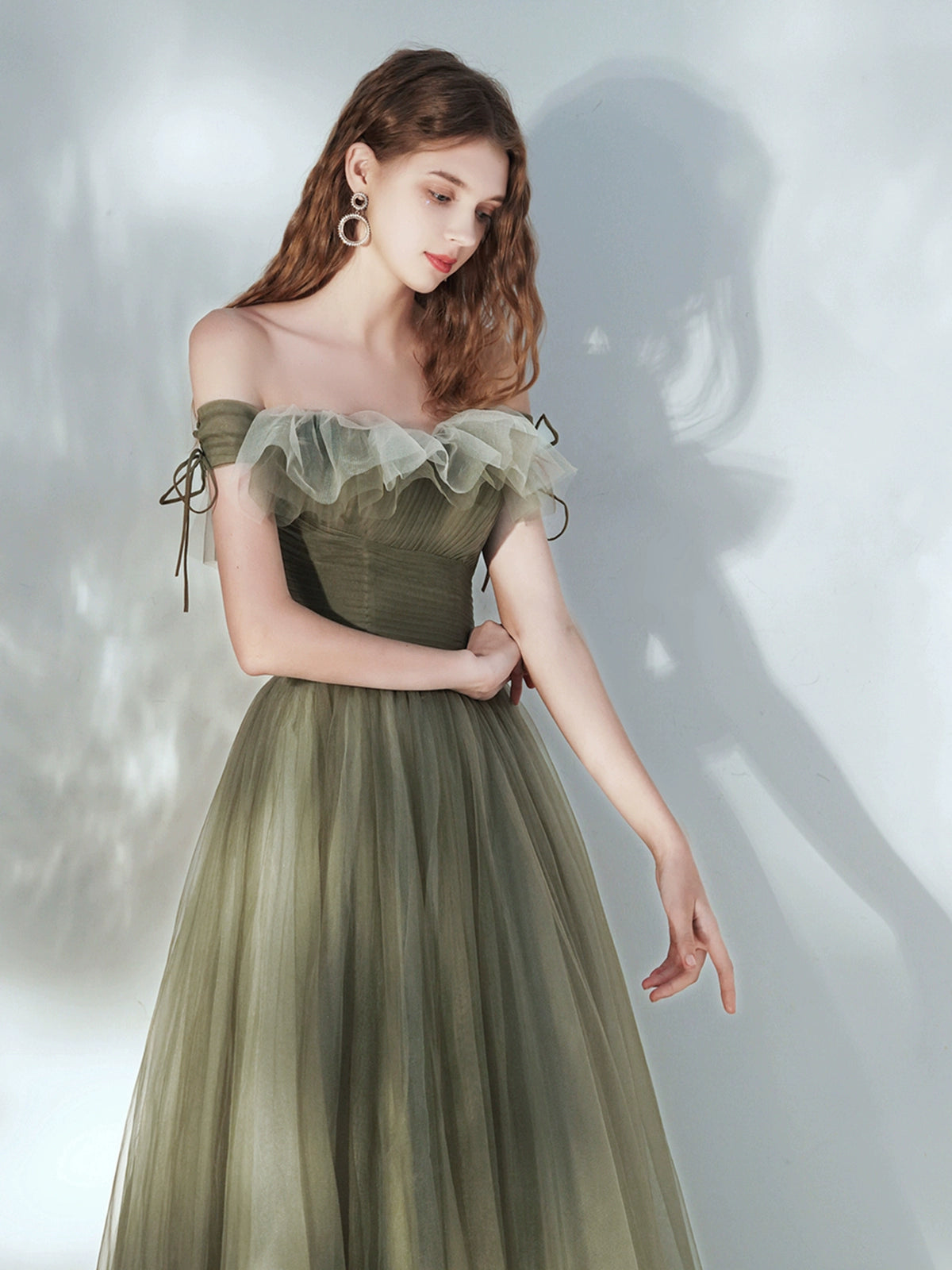 tulle ruffle strapless maxi dress in green