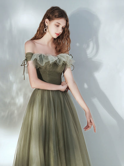 tulle ruffle strapless maxi dress in green