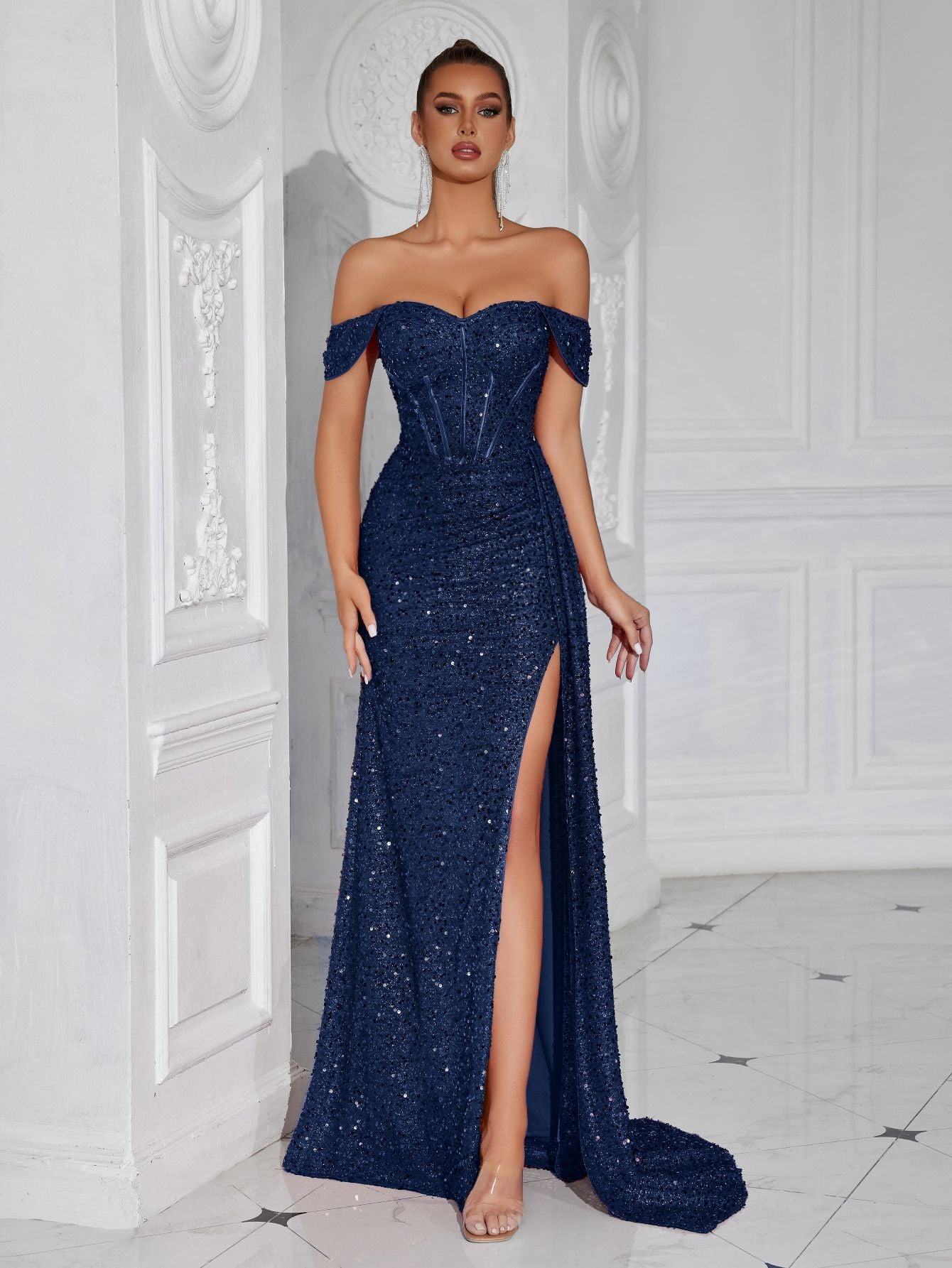 gabrielle Sequined strapless slit evening maxi dress
