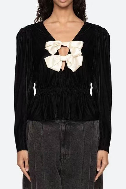 wallis black v-neck bow cutout velvet top