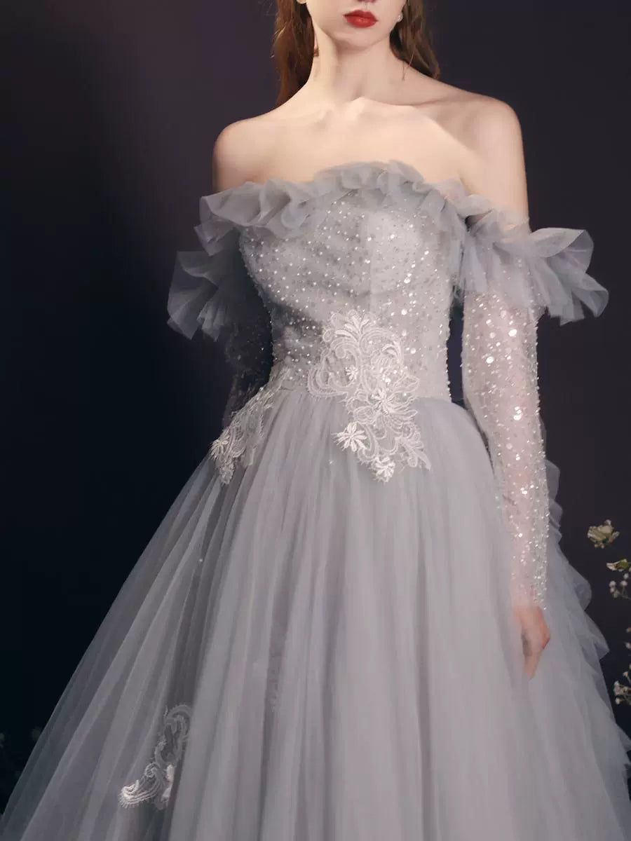 blue sequin embellished tulle maxi dress