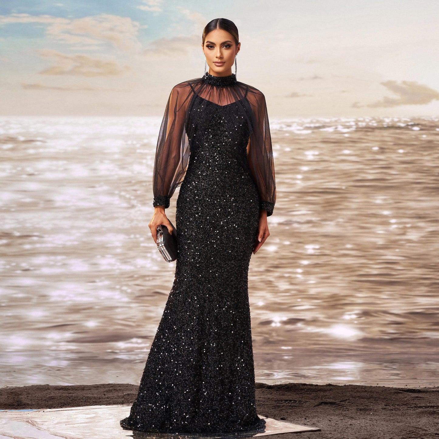sequin embellished tulle sleeve maxi dress in black