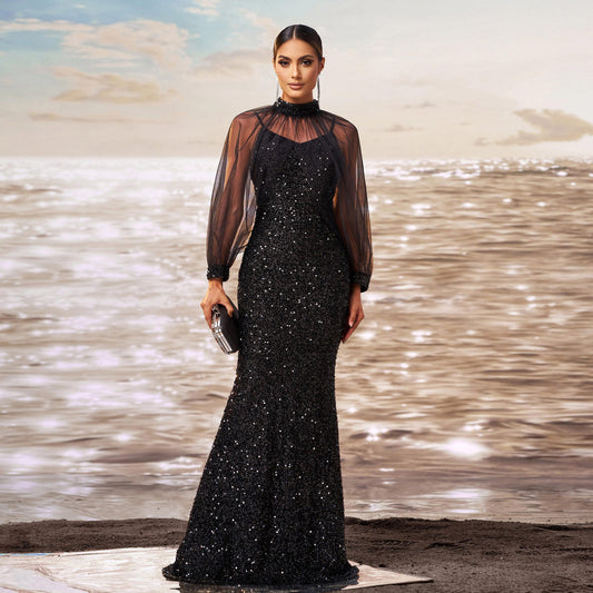 sequin embellished tulle sleeve maxi dress in black