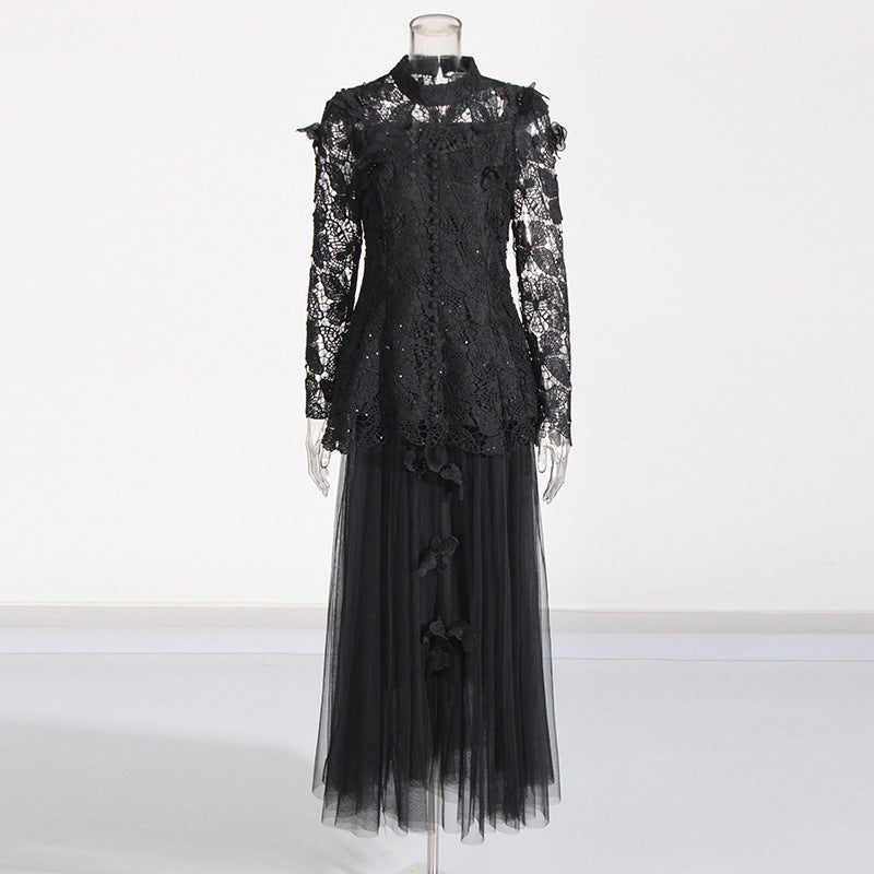 Yvette Black - Top e gonna a farfalla in pizzo con maniche lunghe e pieghe, set due pezzi