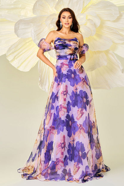 Strappy one-shoulder neckline waist-cinching printed swing evening dress