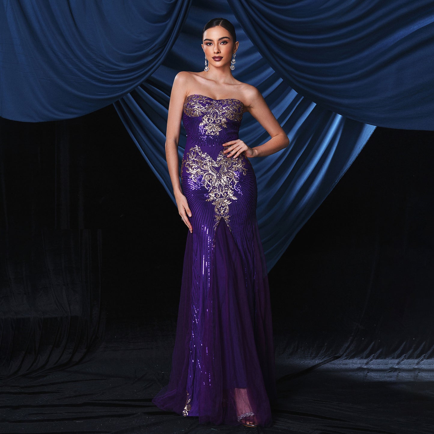 jennifer sequin patern applique strapless maxi dress in purple