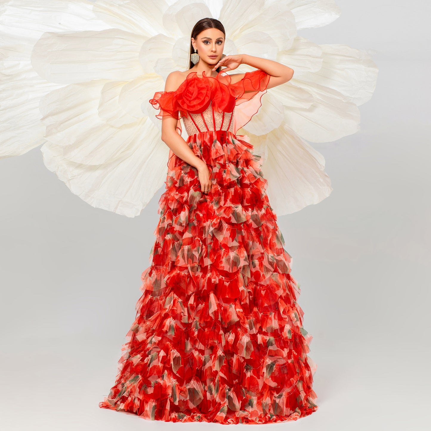 off shoulder flower tulle layer trim maxi dress in red