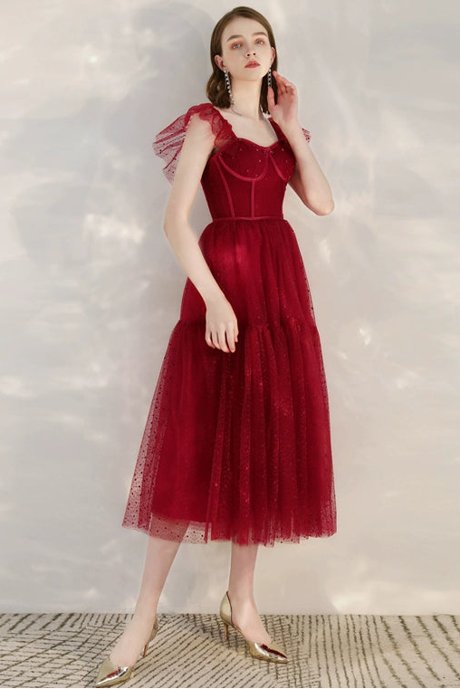 sleeveless tulle midi dress in wine red