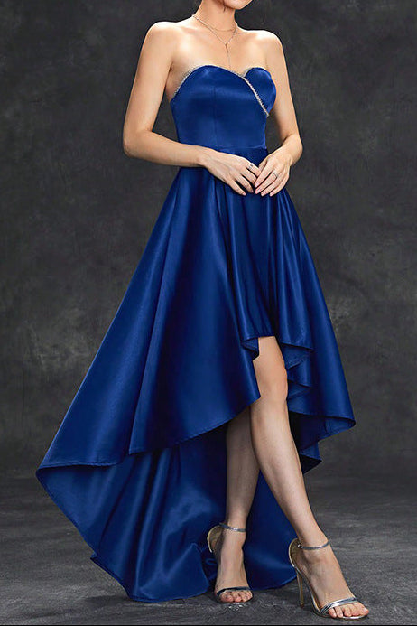 alberta rhinestone embellishment strapless satin maxi dress in blue