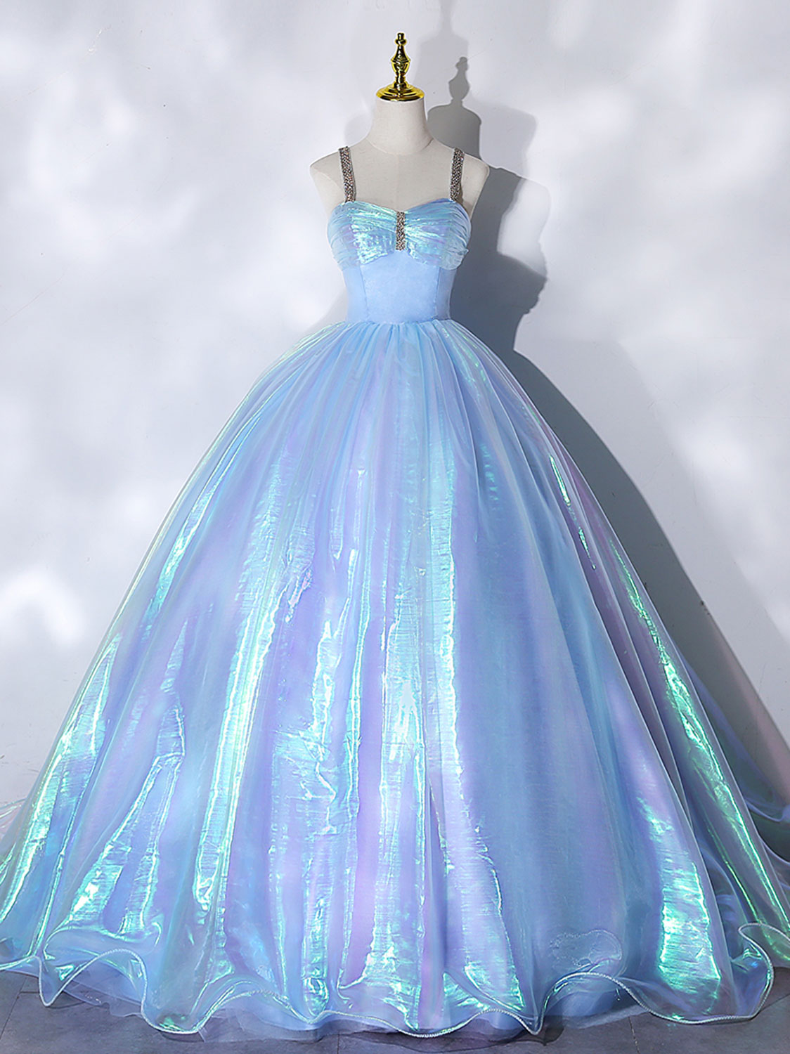 Ball Gown Neck Blue Tulle Long Prom Dress