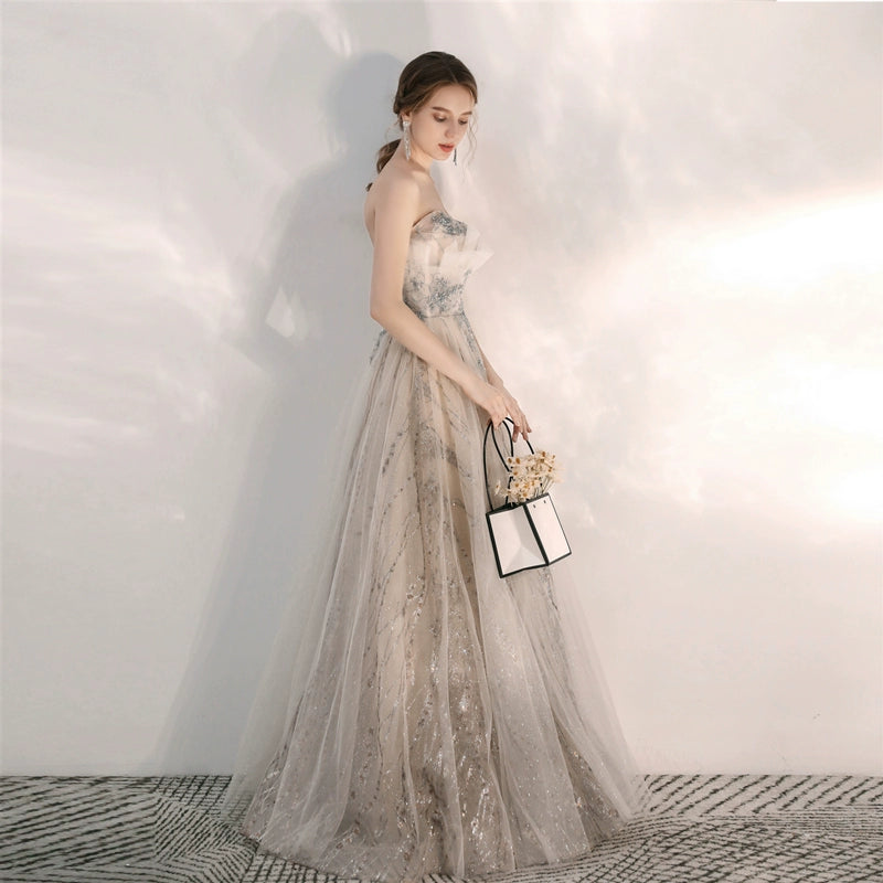 sequin tulle strapless maxi dress in champagne