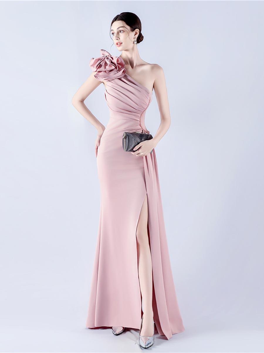 One Shoulder Flower Pleated Draped Prom Dress