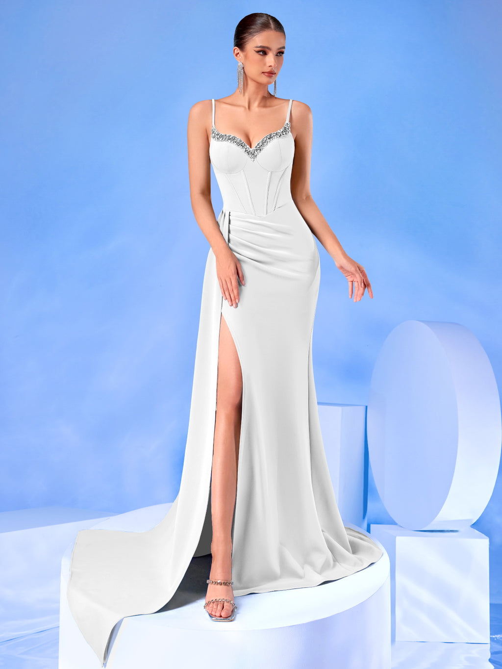evelyn Rhinestones satin draped high slit maxi dress