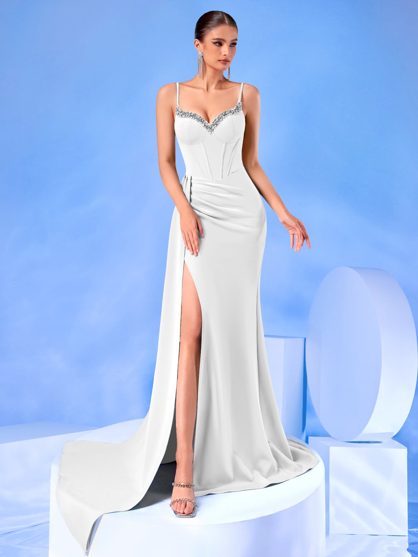 evelyn Rhinestones satin draped high slit maxi dress