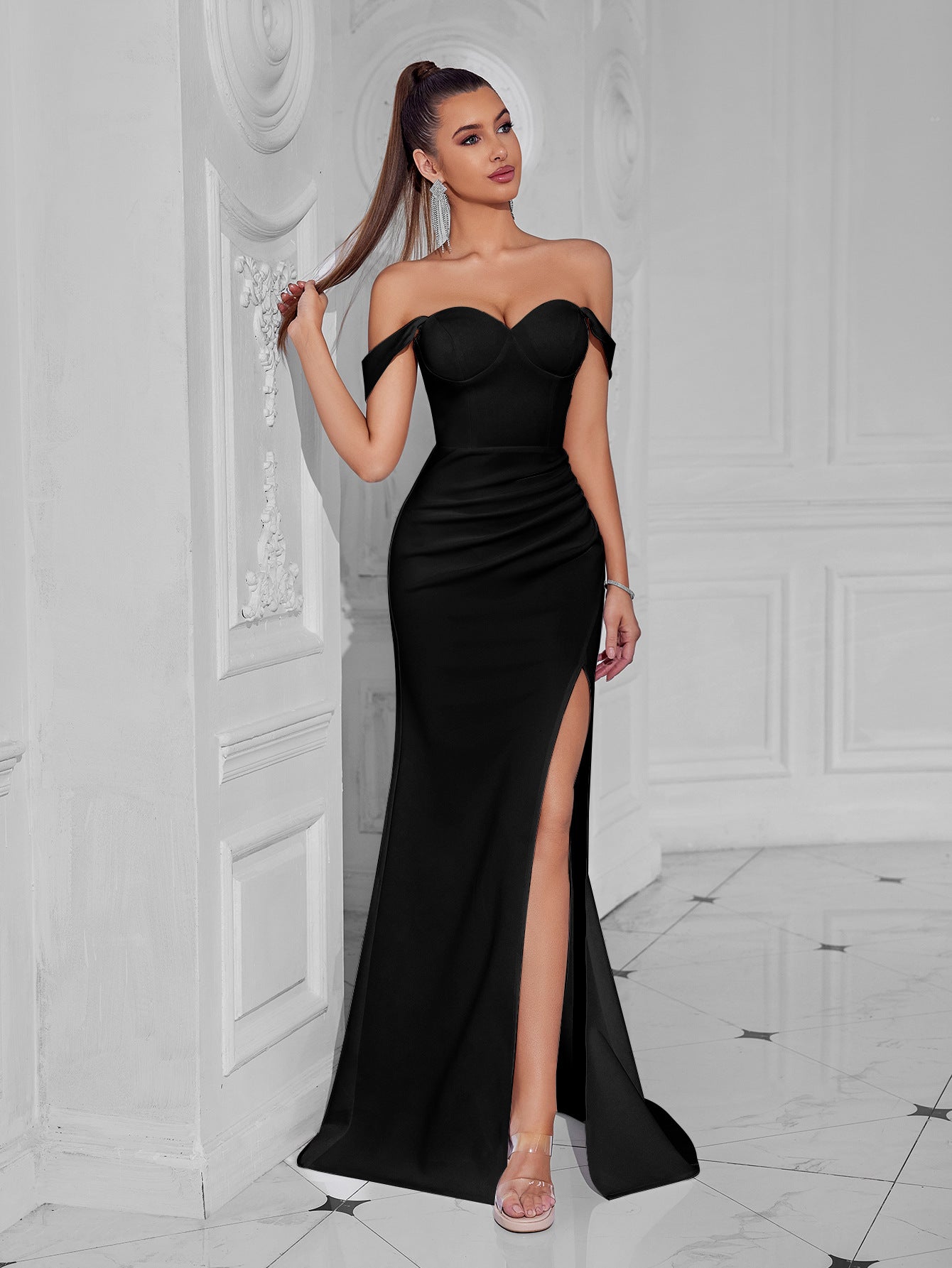claire high slit backless bodycon maxi dress in white