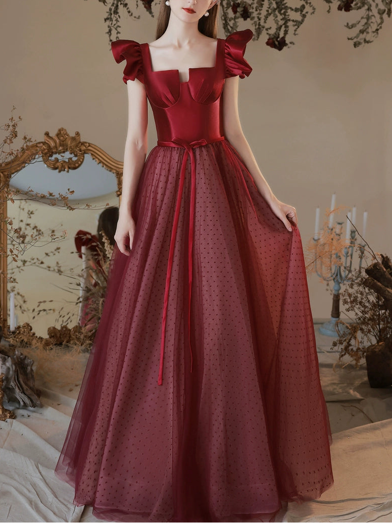 polka dots tulle patchwork satin maxi dress in Claret