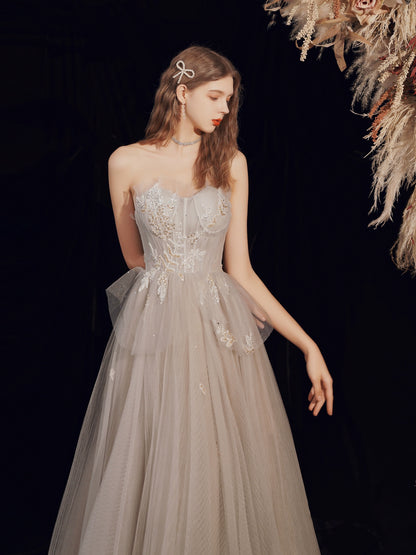 off-shoulder tulle maxi dress in Champagne Grey