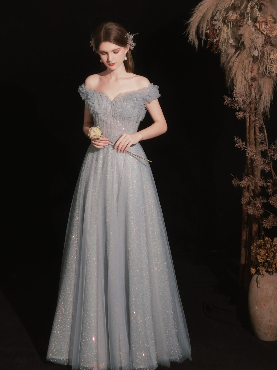 off-shoulder pleated sequin maxi dress in blue-gray