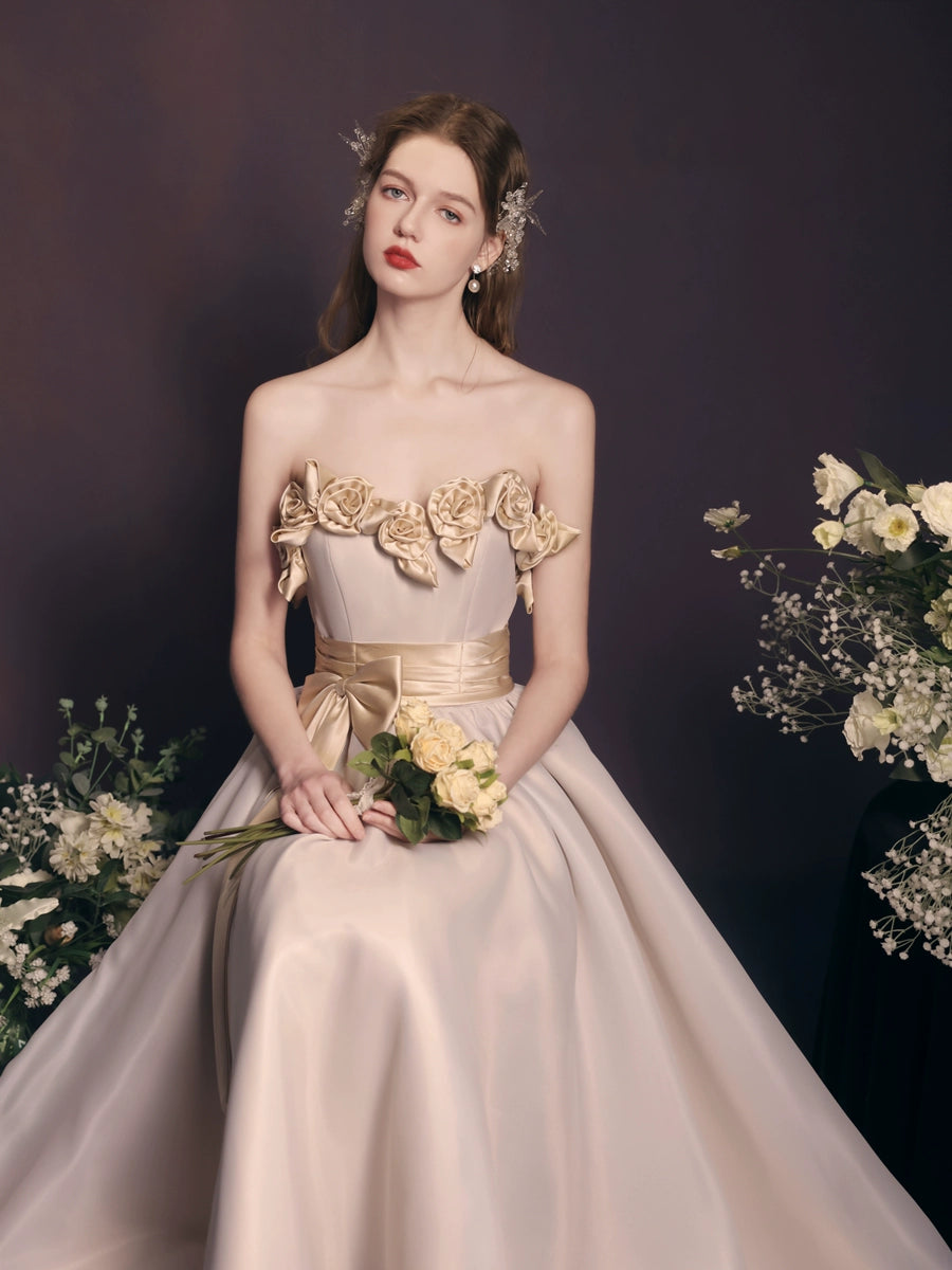 champagne off shoulder flower maxi dress