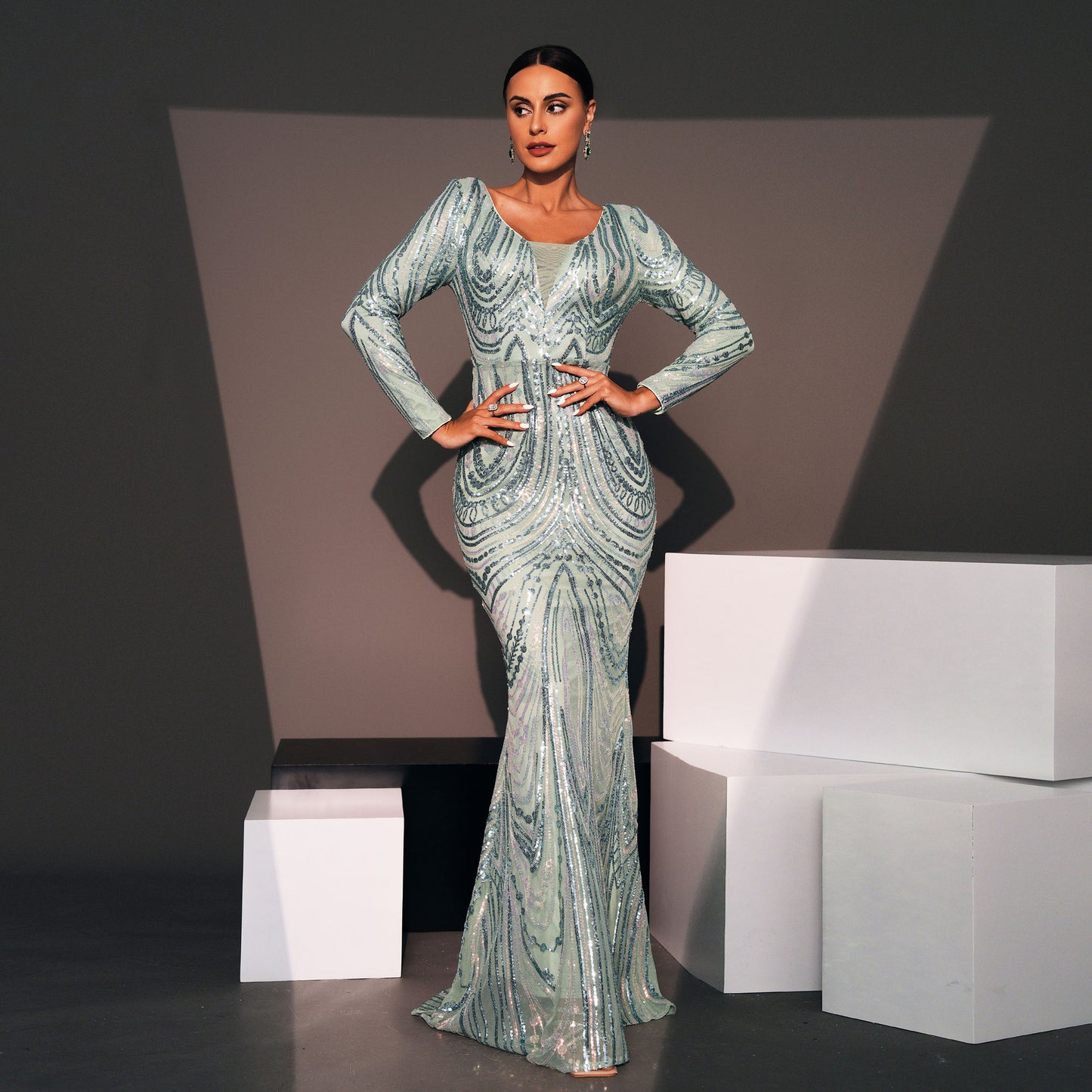 v-neck sequin detail long sleeve bodycon maxi dress