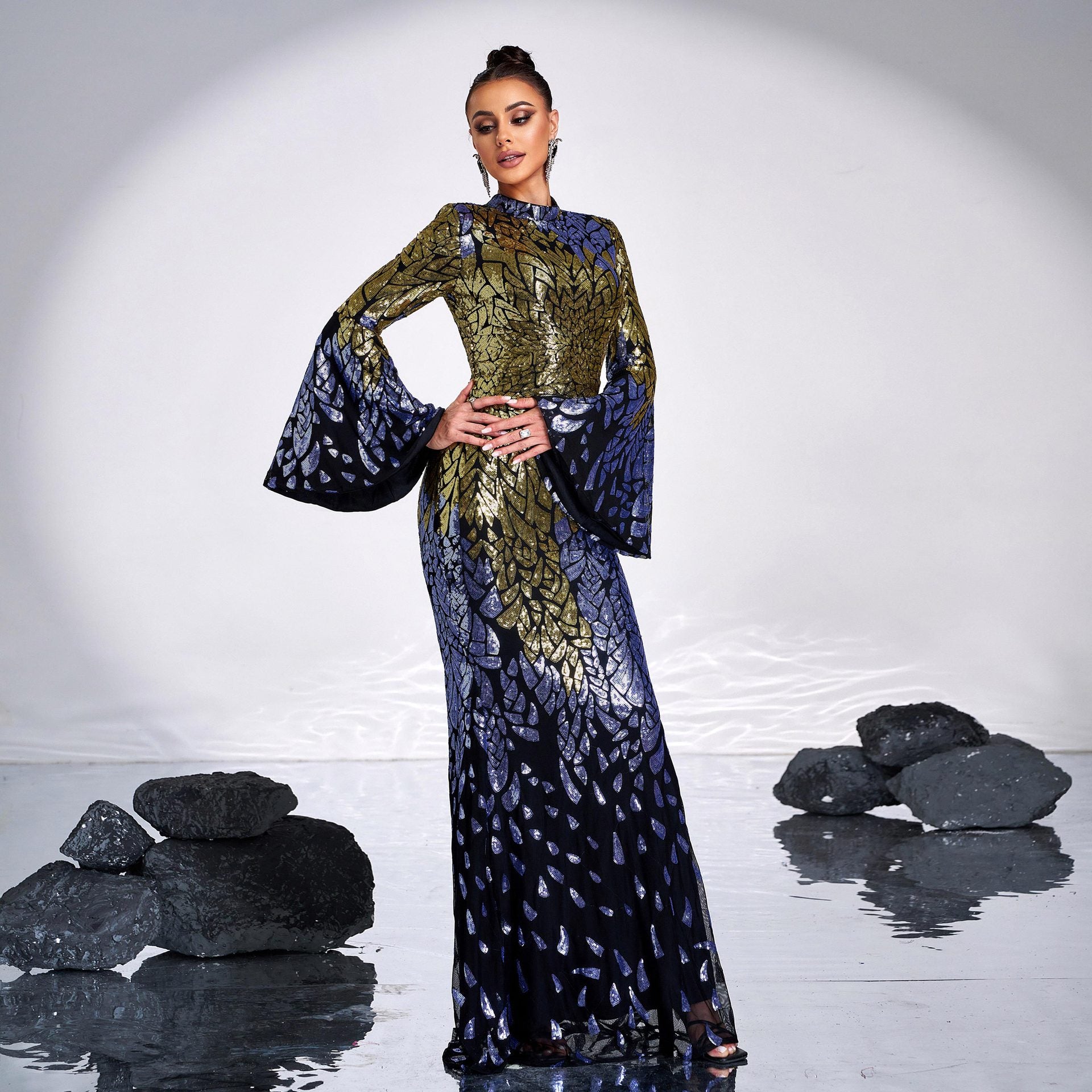Round neck long sequined mermaid dress