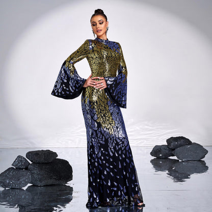 Round neck long sequined mermaid dress