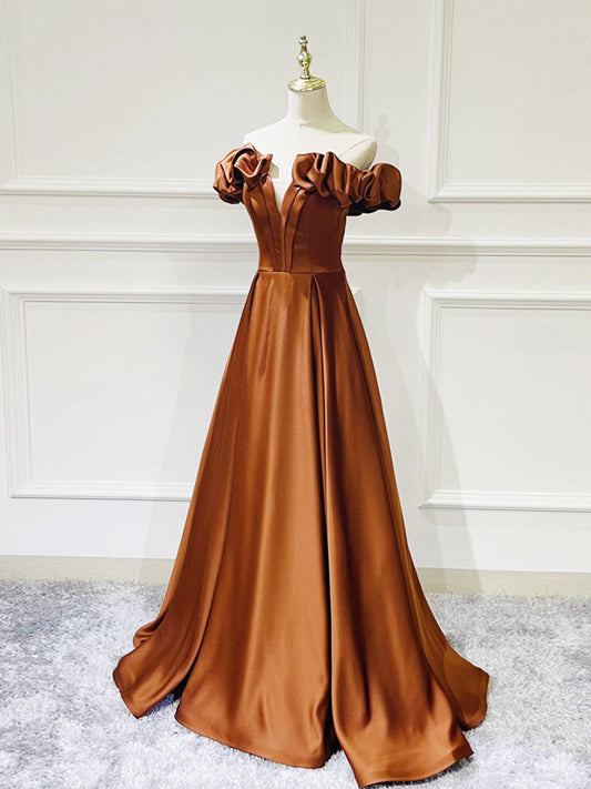 A-Line Off Shoulder Satin maxi Prom Dress
