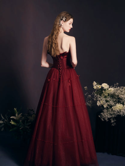 flower embellished strapless maxi dress in claret