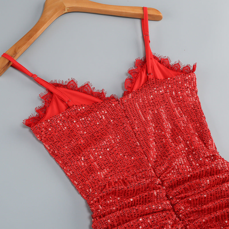 bertha high slit pleated sequin maxi dress in red
