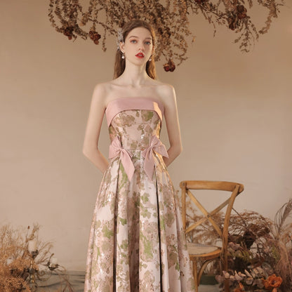 floral print strapless satin maxi dress in pink