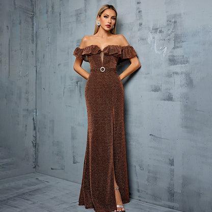 off shoulder ruffle embellished high slit maxi dress in brown