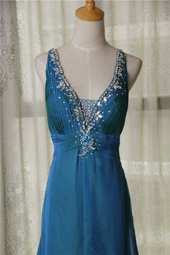 Peacock blue glass diamond shoulder chiffon maxi dress