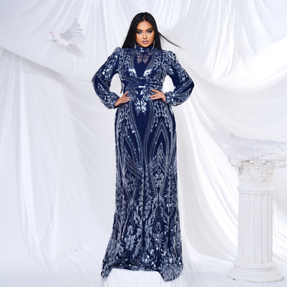 sequin patern long sleeve plus size maxi dress in dark blue