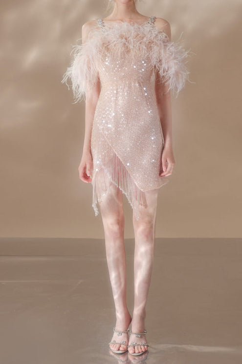priscilla sequin feather crystal-strap mini dress in pink