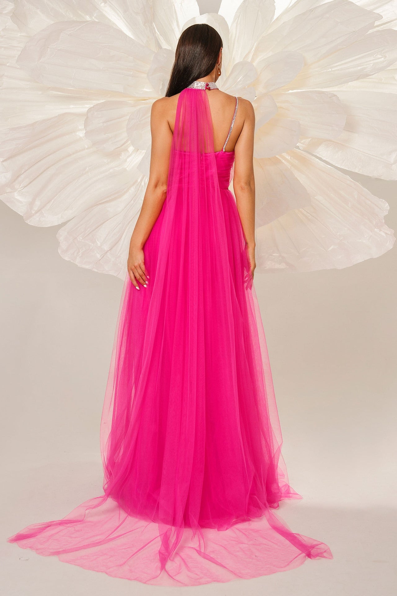 rhinestone detail halter tulle maxi dress in rose red